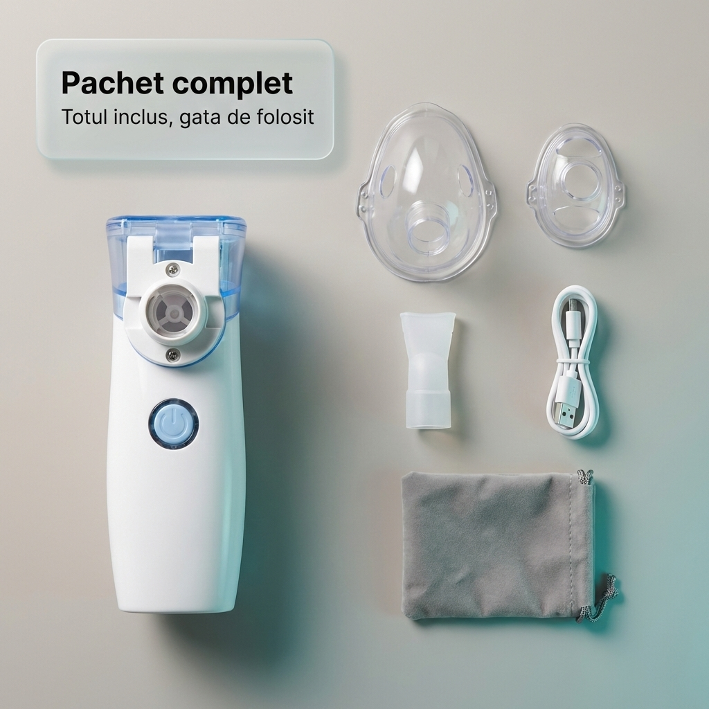 Continut pachet nebulizator LittleDomi LD-212 masca copii adulti mustiuc husa capac USB manual